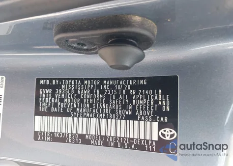 2021 Toyota Corolla Le z USA, uszkodzony, nr VIN 5YFEPMAEXMP180277